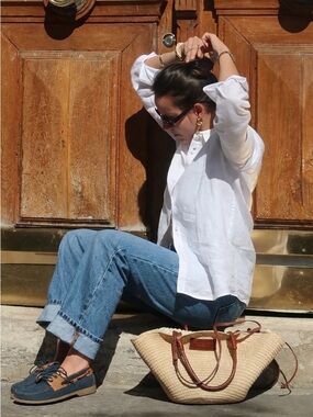 Schuh Navy Tan Nubuck Boat Shoes Coastal Preppy Style Quiet Luxury Summer Flats